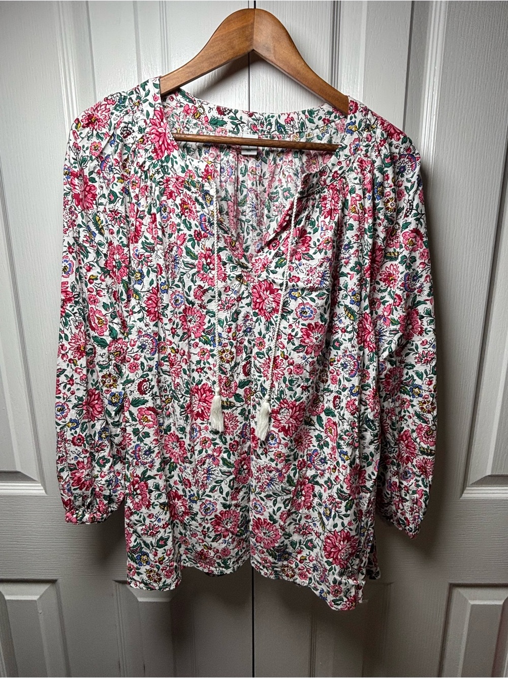 Old Navy Floral Tassel Peasant Blouse Large Pink Boho Flowy Top - Picture 3 of 8